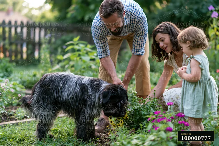 A family tends to flowers in a garden while their rare dog breed explores around them.