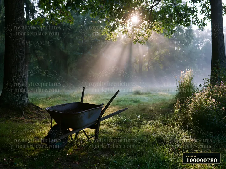 Sunbeams over a misty meadow highlight a wheelbarrow resting on the grass.