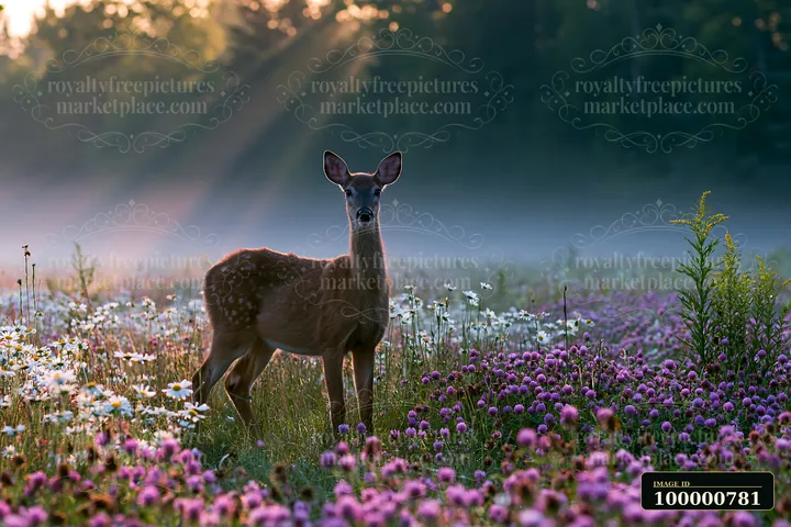 Sunbeams over a misty meadow illuminate a young deer standing among colorful flowers.