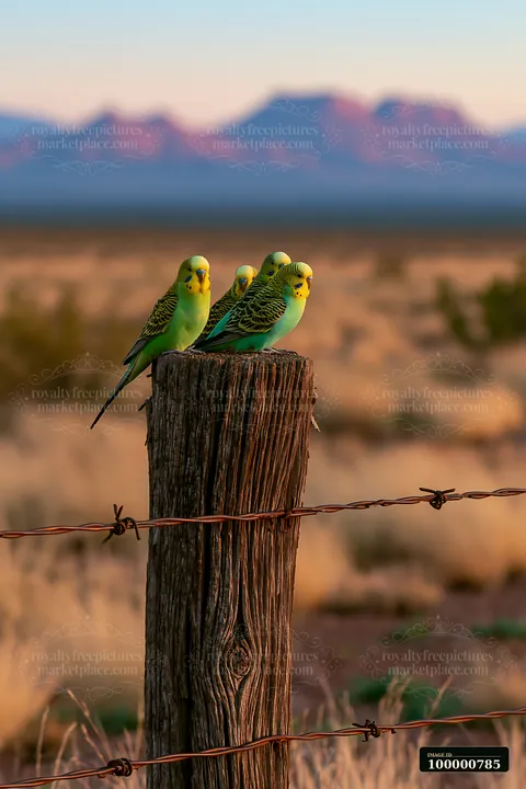 A flock of budgerigars perches on a wooden post in a desert landscape as mountains rise in the background.