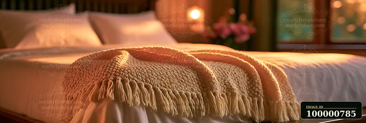A bedroom features a neatly made bed with a knitted blanket draped across the edge.