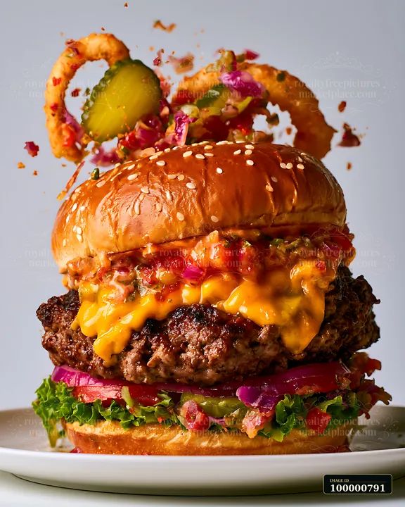 A large cheeseburger sits on a plate with lettuce, onions, and pickles.