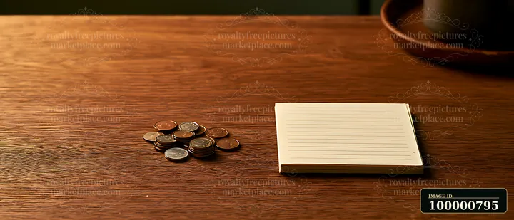 A collection of coins is placed beside a blank notepad on a wooden table.