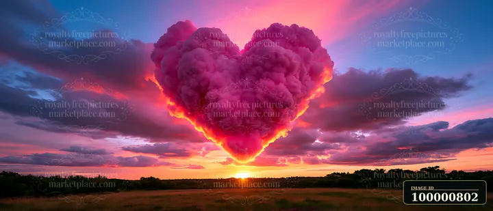 A heart-shaped cloud formation hovers over the horizon as the sun sets, casting vibrant colors across the sky.