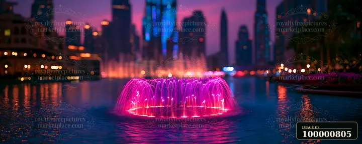 A fountain shoots water in various colors against a backdrop of tall buildings.