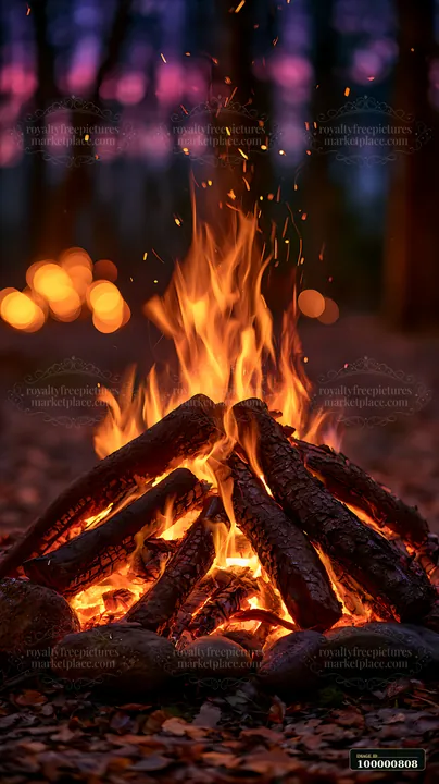 A campfire burns brightly at a campsite, surrounded by logs.