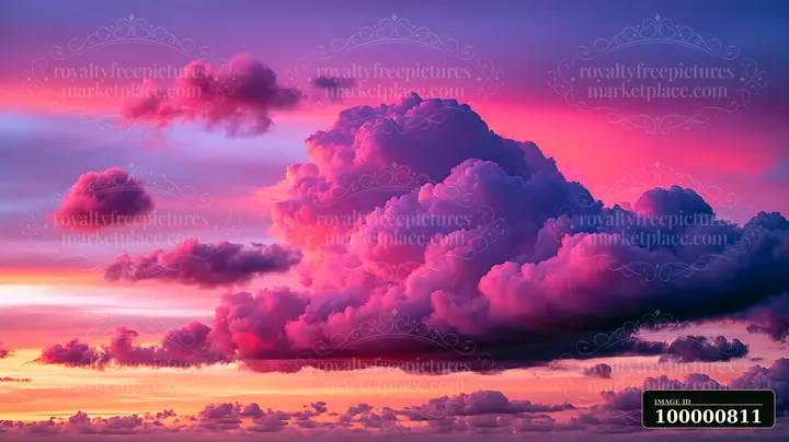 A colorful sunset creates a sky filled with fluffy clouds in purple and pink hues.