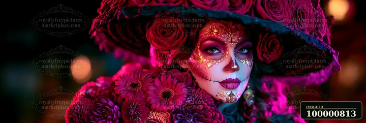 A woman wears a large hat adorned with roses and colorful flowers while her face is painted to celebrate a cultural tradition.