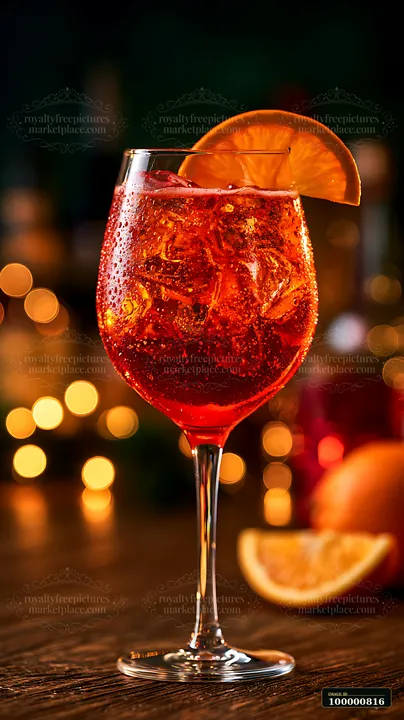 A red cocktail with ice sits on a wooden table.