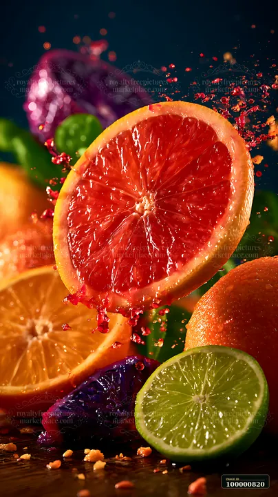 A variety of citrus fruits including orange, lemon, and grapefruit are splashing in mid-air.