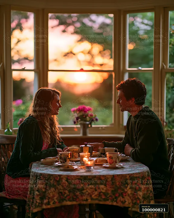 A couple sits at a table set for dinner near a window, sharing a meal and engagement during sunset.
