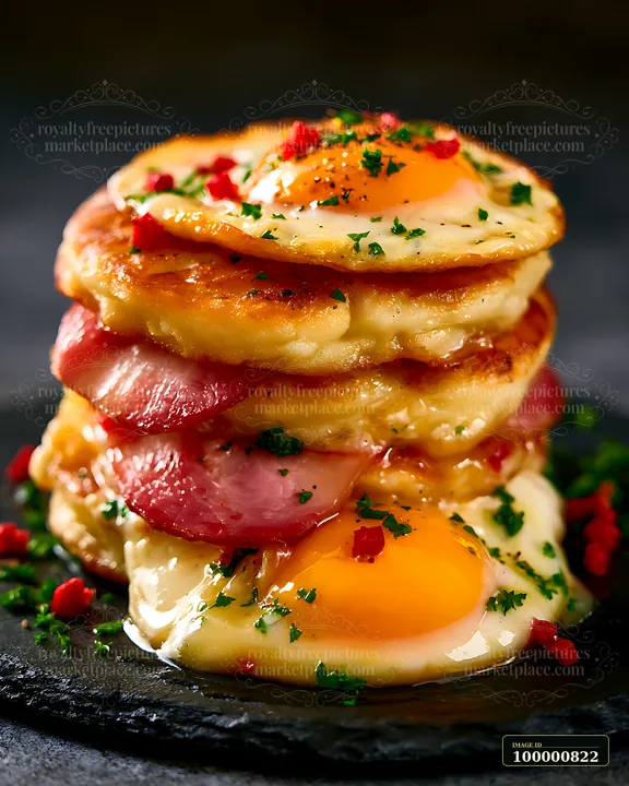 A stack of golden pancakes is layered with slices of ham and topped with fried eggs.