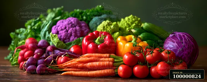 A variety of fresh vegetables are arranged on a wooden surface, showcasing colorful bell peppers, carrots, tomatoes, and leafy greens.