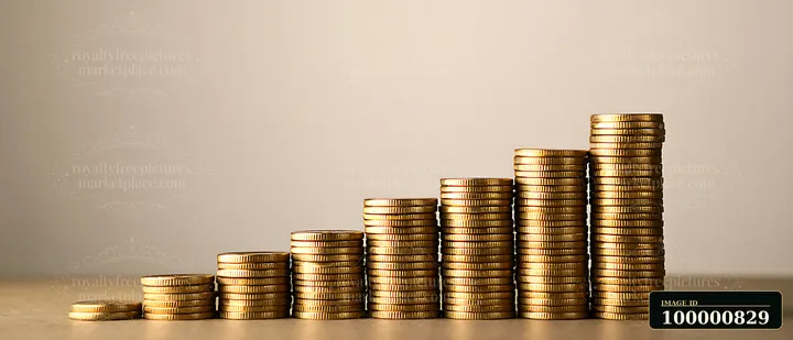 Several stacks of coins arranged in increasing order illustrate financial growth and investment.