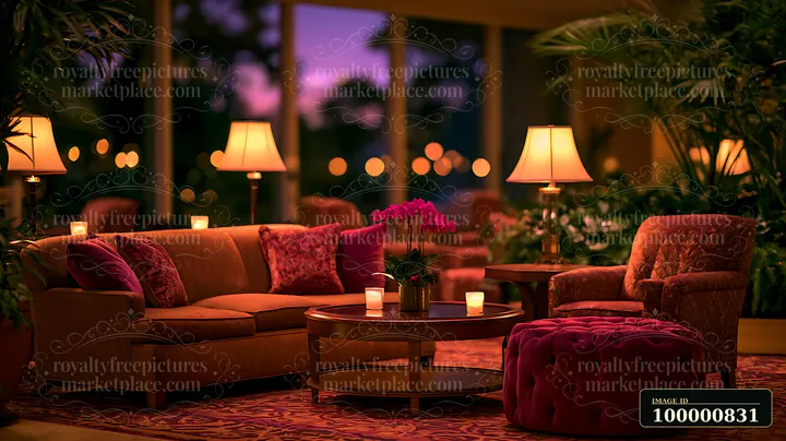 The lounge features comfortable seating, decorative plants, and soft lighting from lamps.