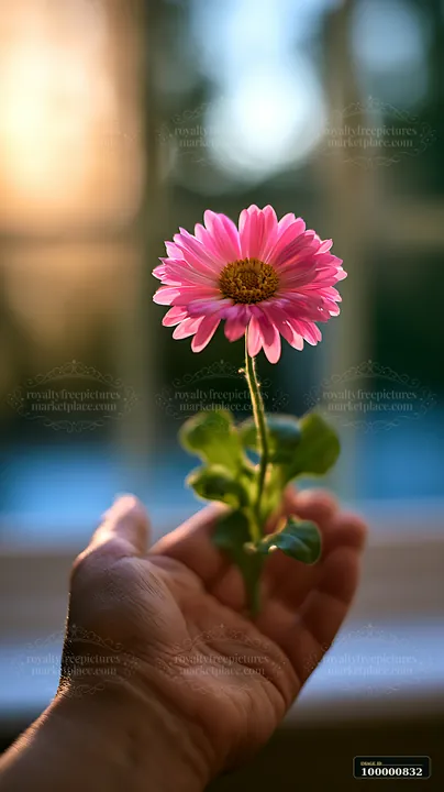 A person holds a pink flower with green leaves in a hand.