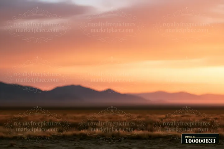 A warm sunset paints the sky in orange and purple hues over a wide grassland, with mountains silhouetted on the horizon.