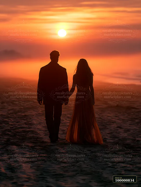 A couple walks on the beach at sunset, holding hands while shadows stretch across the sand.