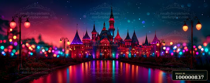 A large castle stands illuminated against a twilight sky, surrounded by colorful lights.