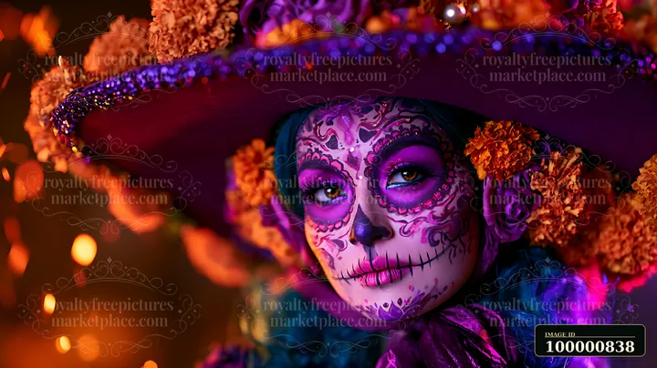 A woman celebrates Day of the Dead with vibrant makeup, flowers, and a large hat.
