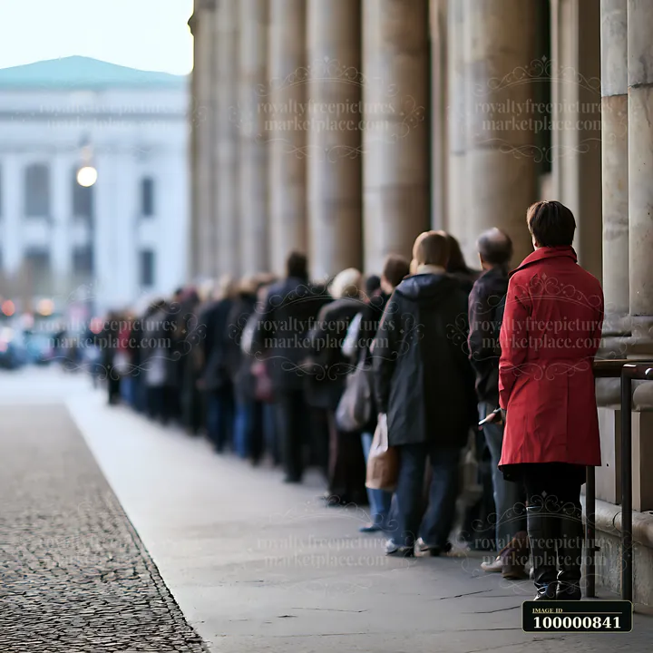 A long line of people waits outside a historic building during late afternoon.