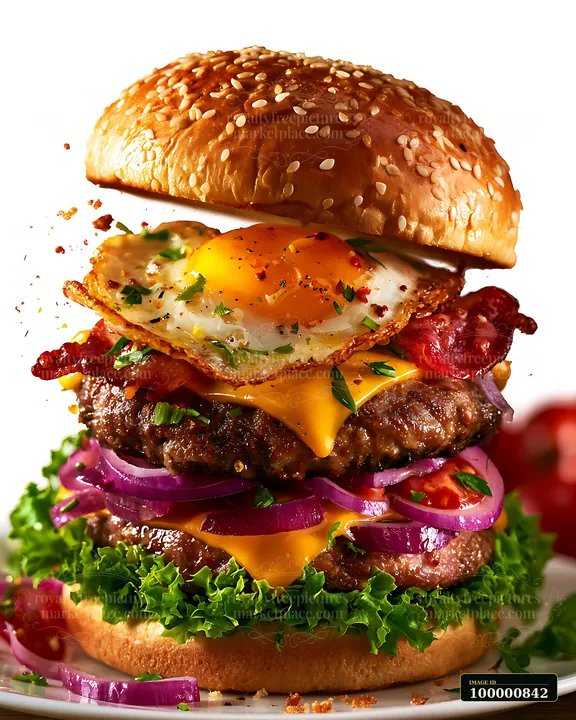 This burger features two beef patties stacked high with cheddar cheese, crispy bacon, a fried egg, onion, and fresh lettuce on a sesame seed bun.