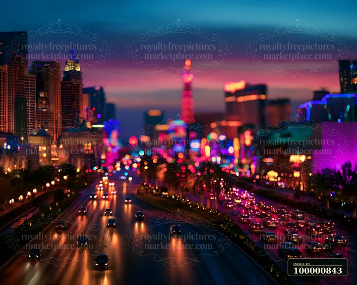 The scene shows a bustling highway in Las Vegas with vibrant lights from buildings and traffic moving under the night sky.