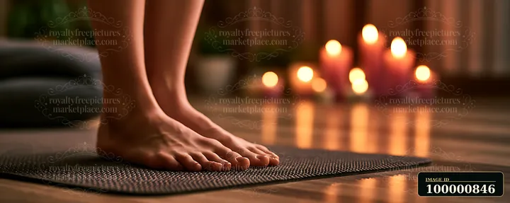 A person stands on a yoga mat in a room with soft lighting and lit candles nearby.