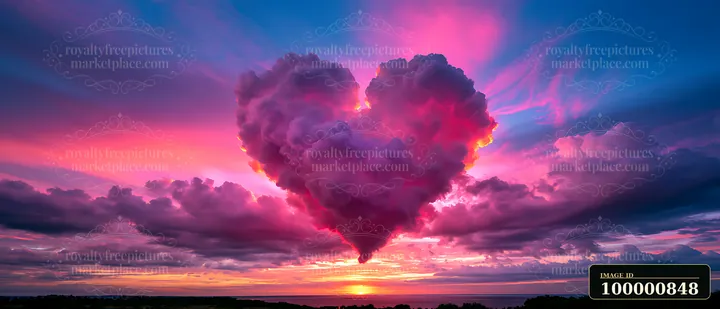 A heart-shaped cloud formation is visible against a vivid sunset sky, casting shades of pink, purple, and blue over the landscape.