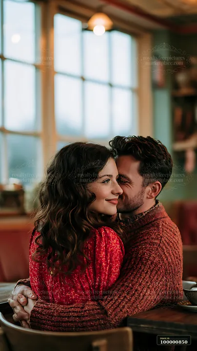 A couple embraces in a cafe, smiling at each other while enjoying their time together.
