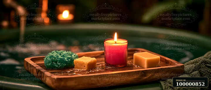 A wooden tray holds a lit candle, colorful bath products, and a soft towel, placed beside a spa tub.
