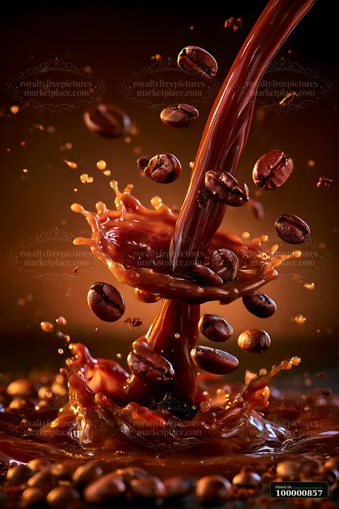 A stream of rich chocolate flows and splashes into a pool, sending coffee beans flying.