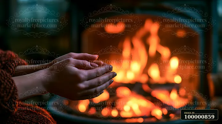 Two hands are warming by a fire in a rustic cabin.