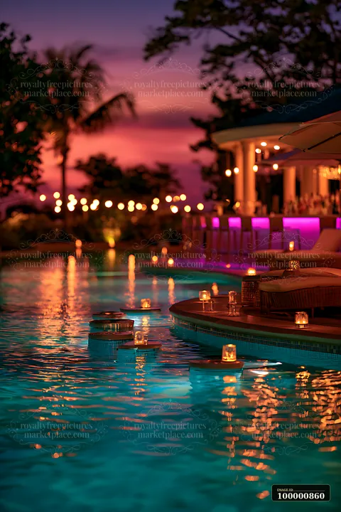 The scene shows a poolside area lit by soft candlelight at dusk.
