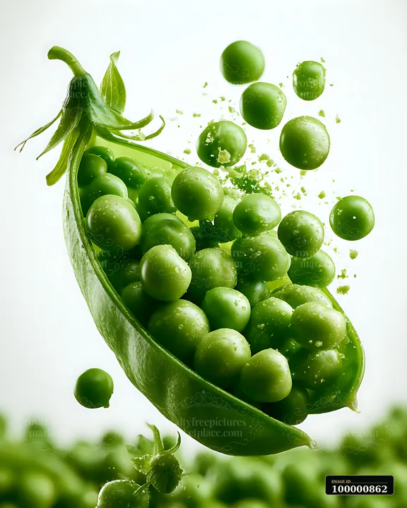 A green pea pod is open, showing the fresh peas inside, while several peas float nearby.