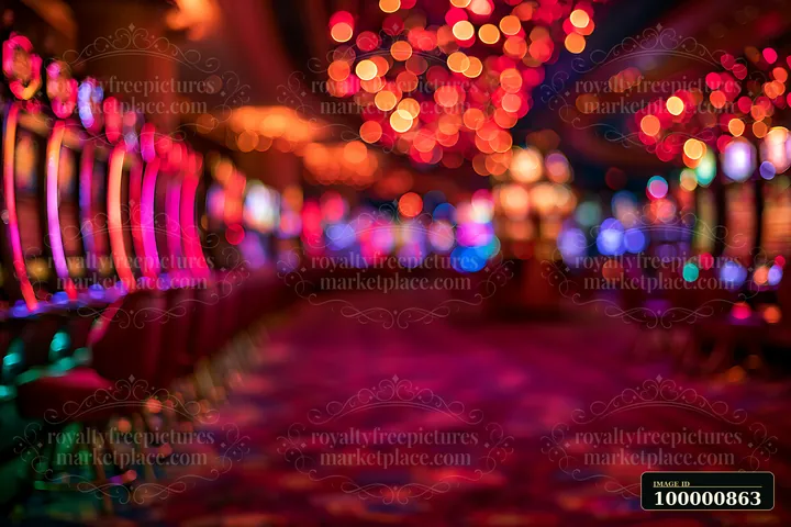 Bright slot machines line the aisle in a casino, featuring various lights and patterns.