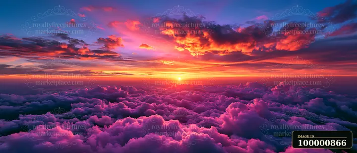 The scene shows a vibrant sunset casting orange and pink hues across a sky filled with clouds.