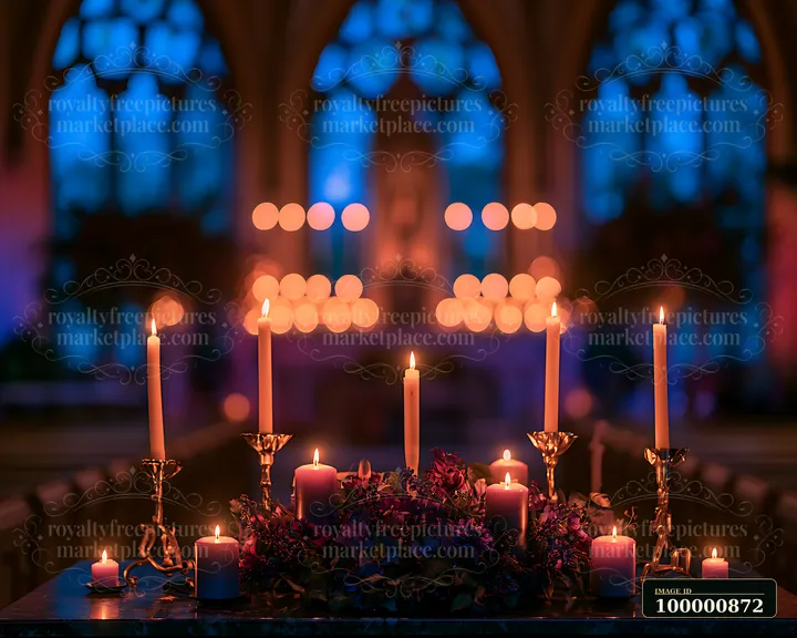 Candles illuminate the interior of a church, creating a warm and inviting atmosphere.