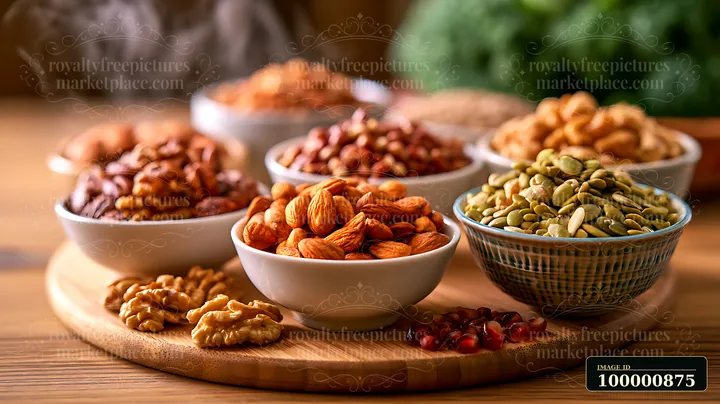 Various nuts and seeds are arranged in small bowls on a wooden serving board, showcasing a colorful assortment.