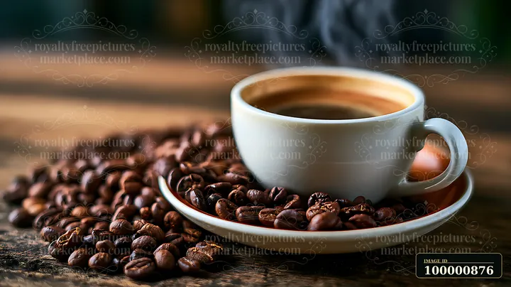 A steaming cup of coffee sits on a wooden table surrounded by scattered roasted coffee beans.