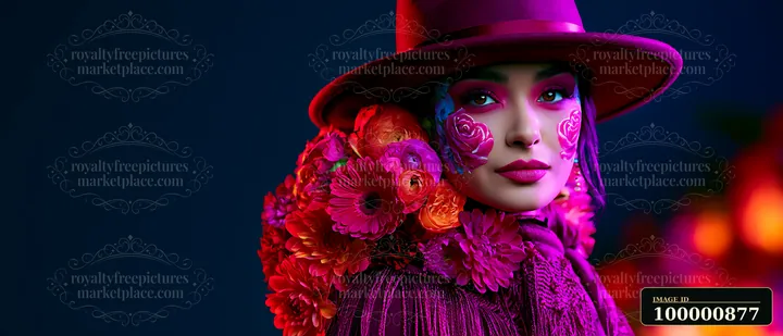 A woman stands in a dimly lit setting, wearing a wide-brimmed hat adorned with flowers.