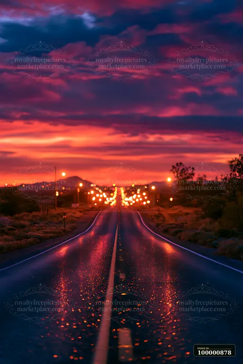 A long road stretches ahead, reflecting the colorful sunset sky and glowing street lights.