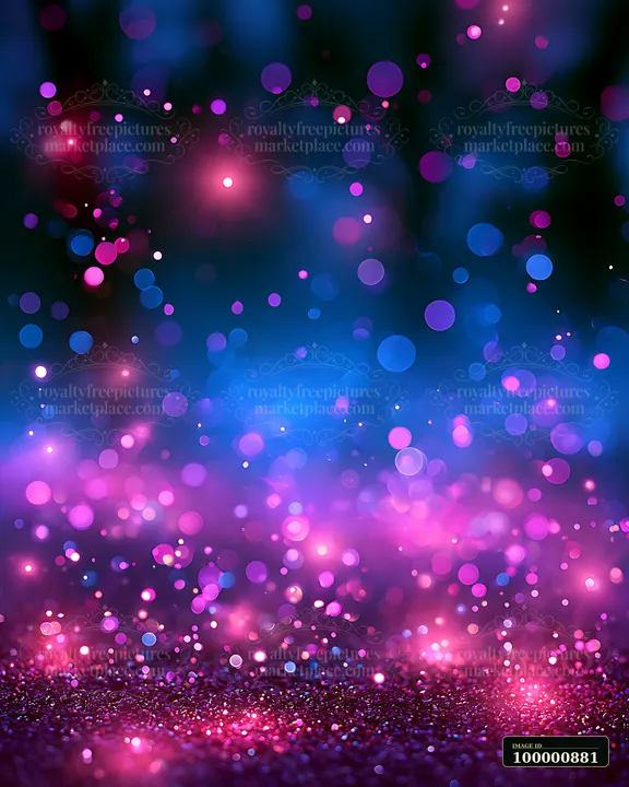 A collection of blurred bokeh lights in shades of blue and pink creates a colorful backdrop.