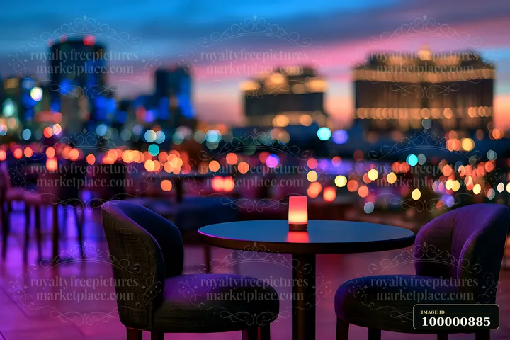 Candlelight sits on a round table in an outdoor seating area overlooking a city skyline during dusk, with colorful lights twinkling in the background.
