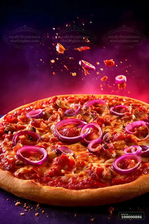 A round pizza is topped with slices of red onion and meat.