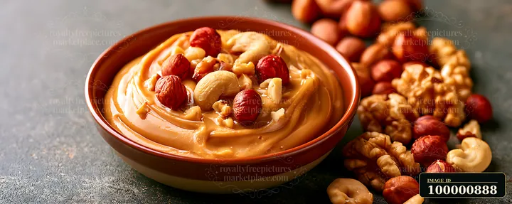 A bowl filled with creamy nut butter sits on a dark surface surrounded by various mixed nuts.