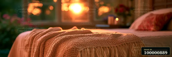 Warm sunlight streams into a cozy bedroom from the window as a soft knit blanket is draped over the bed, creating a welcoming atmosphere in the evening.