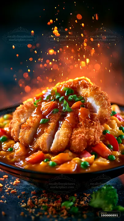 Crispy chicken is served on a bed of colorful stir-fried vegetables, featuring a glossy sauce and garnished with green onions.