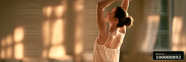 A dancer stretches her arms overhead in a sunlit studio.