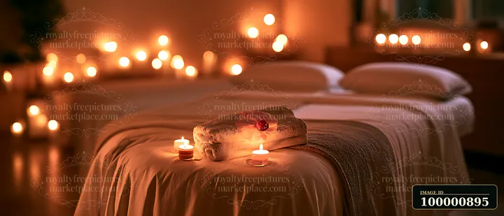 The treatment room features two massage beds surrounded by candles and soft fabrics.